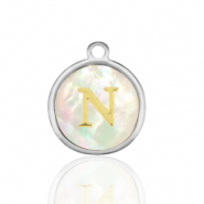 Anh&auml;nger aus Stainless Steel - Rostfreiem Stahl 12mm shell initial N White (Naturliche Farbe Muschel)-silver