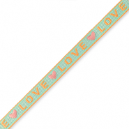 Schmucktextband "love" Blue-coral pink