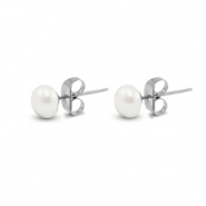 Stainless Steel - Rostfrei Stahl Ohrringe / Ohrstecker Pearls 6mm Silver-pearl white