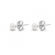 Stainless Steel - Rostfrei Stahl Ohrringe / Ohrstecker Pearls 5mm Silver-pearl white