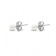 Stainless Steel - Rostfrei Stahl Ohrringe / Ohrstecker Pearls 4mm Silver-pearl white