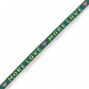 Schmucktextband "more love" Teal blue-gold