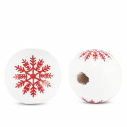 Holz Perlen 16mm rund Snowflake White-red