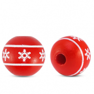 Holz Perlen 16mm rund Snowflake Red-white