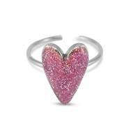 Stainless Steel - Rostfrei Stahl Ringe Enamel Heart Glitzer Vermilion pink-silver