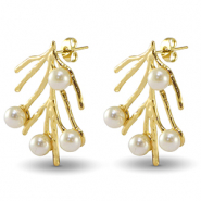 Stainless Steel - Rostfrei Stahl Ohrringe / Ohrstecker Seeweed Imitation Pearls Gold