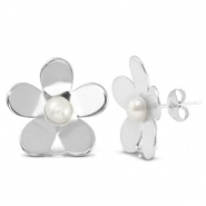 Stainless Steel - Rostfrei Stahl Ohrringe / Ohrstecker Pearls Flower with Loop Silver