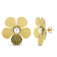 Stainless Steel - Rostfrei Stahl Ohrringe / Ohrstecker Flower with imitation pearls Gold