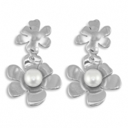 Stainless Steel - Rostfrei Stahl Ohrringe / Ohrstecker Flower with imitation pearls Silver