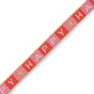 Schmucktextband "Happy" Red-pink-white-gold