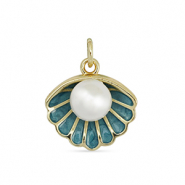 TQ Metall Brass Anh&auml;nger Shell with Pearl Gold-turquoise blue-white