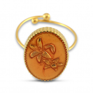 Stainless Steel - Rostfrei Stahl Ringe Enamel Oval with Flower Gold-salmon pink