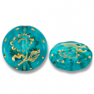 Perlen Acryl Round with Flower Teal blue-gold