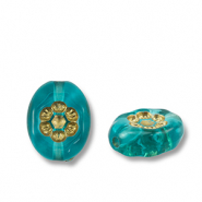Perlen Acryl Oval with Flower Teal blue-gold