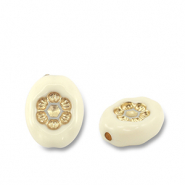 Perlen Acryl Oval with Flower Off white-gold