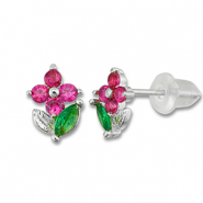TQ Metall Brass Ohrringe / Ohrstecker Flower Silver-dark pink-green