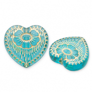 Perlen aus Acryl Heart with Flower Teal blue-gold