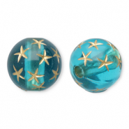 10 mm Perlen aus Acryl Round with Stars Teal blue-gold