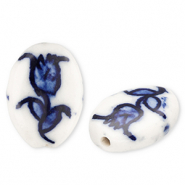 Keramik Perlen Oval with Tulip Off white-Delft blue