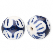 Keramik Perlen 12 mm with Flower Off white-Delft blue