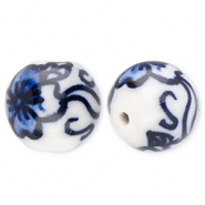 Keramik Perlen 12 mm with Flower Off white-Delft blue