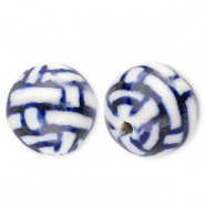 Keramik Perlen 12 mm with Rectangles Off white-Delft blue