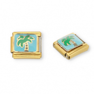Stainless Steel - Rostfrei Stahl Italian Charm Element Palmtree Gold-light blue-green