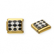 Stainless Steel - Rostfrei Stahl Italian Charm Element Chequered Gold-black-white