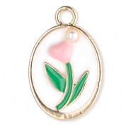 Anh&auml;nger Metall Oval with Tulip with Pearl Gold-white-green-light pink