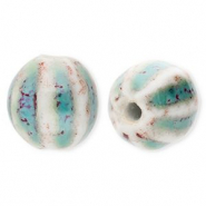 Keramik Perlen 11 mm with Stripes Teal blue-off white-port red