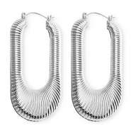Statement-Ohrringe / Creolen Oval ridged mit Rostfrei Stahl-Stecker Silver