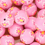 Silikonperlen 18&nbsp;mm Round with hand-painted Flowers Orchid purple-neon pink-yellow