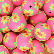 Silikonperlen 18&nbsp;mm Round with hand-painted Flowers Neon pink-green-orange-red