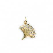TQ Metall Brass Anh&auml;nger Ginkgo Leaf with Rhinestones Gold-transparent