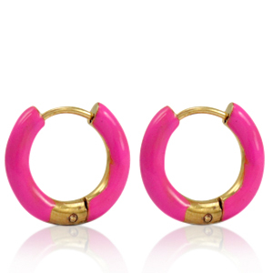 Stainless Steel - Rostfrei Stahl Ohrringe Creolen Enamel 16mm Berry pink-gold
