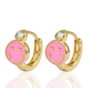 TQ Metall Brass Ohrringe Creolen Enamel Smiley Pink crystal-gold