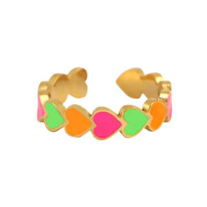 Stainless Steel - Rostfrei Stahl Ringe Enamel heart Neon multicolour-gold