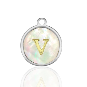 Anh&auml;nger aus Stainless Steel - Rostfreiem Stahl 12mm shell initial V White (Naturliche Farbe Muschel)-silver