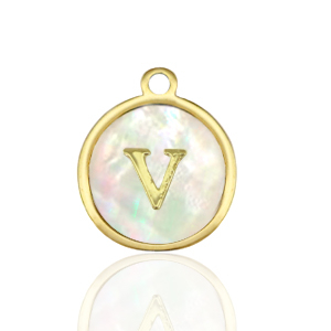 Anh&auml;nger aus Stainless Steel - Rostfreiem Stahl 12mm shell initial V White (Naturliche Farbe Muschel)-gold