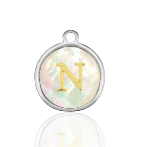 Anh&auml;nger aus Stainless Steel - Rostfreiem Stahl 12mm shell initial N White (Naturliche Farbe Muschel)-silver