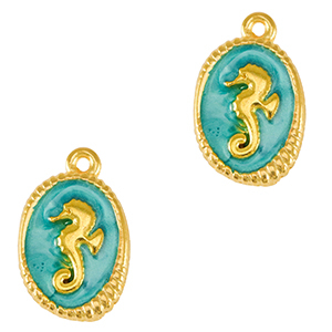 Anh&auml;nger Metall DQ Seahorse Gold-turquoise blue (nikkelvrij)