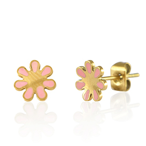 Stainless Steel - Rostfrei Stahl Ohrringe / Ohrstecker Flower Gold-pink