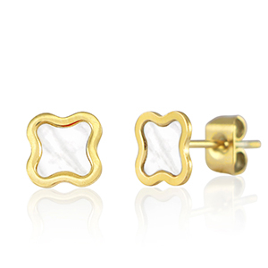 Stainless Steel - Rostfrei Stahl Ohrringe / Ohrstecker Flower Gold-pearl white