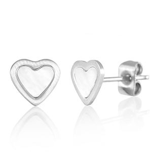 Stainless Steel - Rostfrei Stahl Ohrringe / Ohrstecker Heart Silver-pearl white