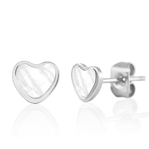 Stainless Steel - Rostfrei Stahl Ohrringe / Ohrstecker Heart Silver-pearl white
