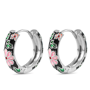 TQ Metall Brass Creolen mit Enamel Blume Silver-black pink