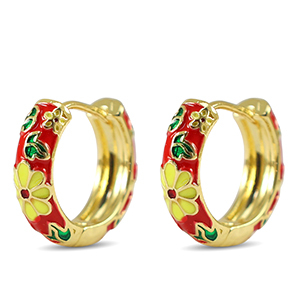 TQ Metall Brass Creolen mit Enamel Blume Gold-red yellow