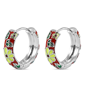 TQ Metall Brass Creolen mit Enamel Blume Silver-red yellow