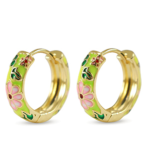 TQ Metall Brass Creolen mit Enamel Blume Gold-pink yellow