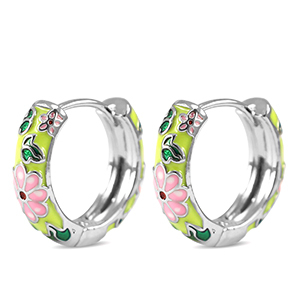 TQ Metall Brass Creolen mit Enamel Blume Silver-pink yellow